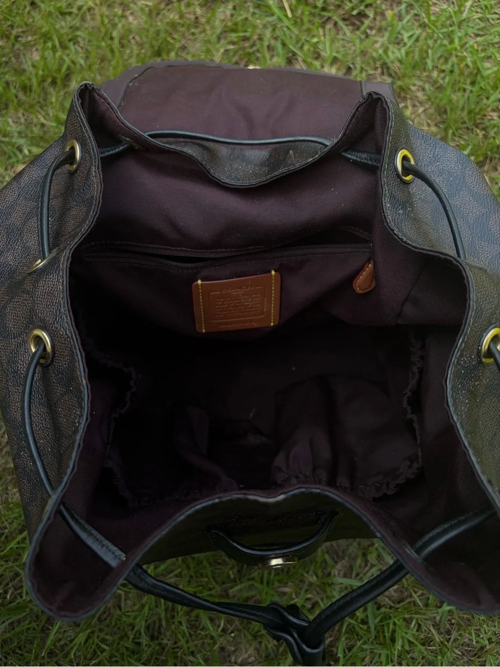 Coach Brown Signature Canvas Backpack with Black Leather Trim baby bag